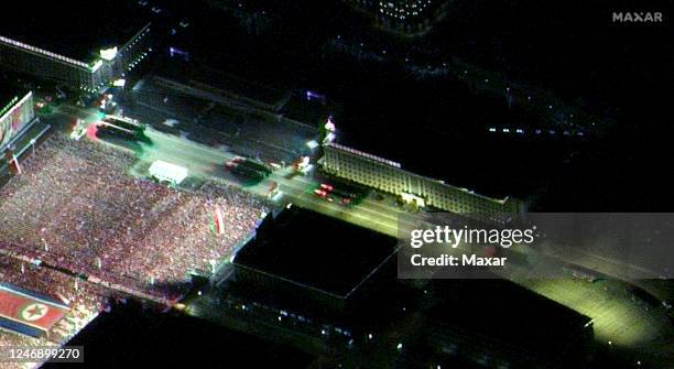 Maxar night time satellite imagery -- closer view of missle laungers in the military parade in Kim Il Sung Square in Pyongyang, North Korea.. Please...