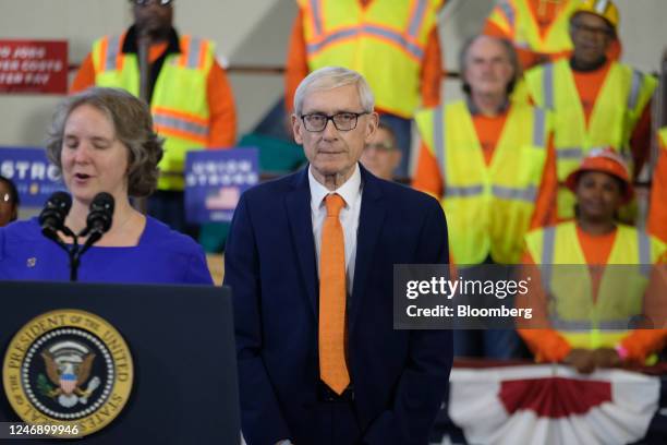 Tony Evers, governor of Wisconsin, at LiUNA Training Center ahead of a visit from US President Joe Biden in DeForest, Wisconsin, US, on Wednesday,...