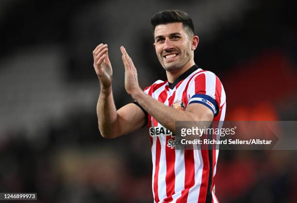 Danny Batth of Sunderland applauds the supporters after the FA Cup Fourth Round replay match between Sunderland FC and Fulham FC at Stadium of Light...