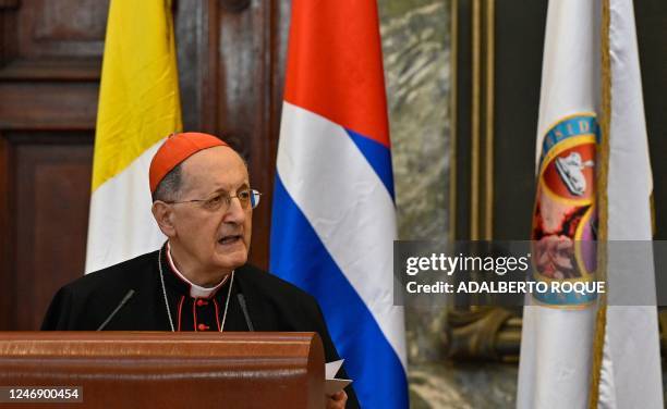 Italian Cardinal Beniamino Stella delivers a speech during a ceremony marking the 25th anniversary of the first visit of Pope John Paul II to the...