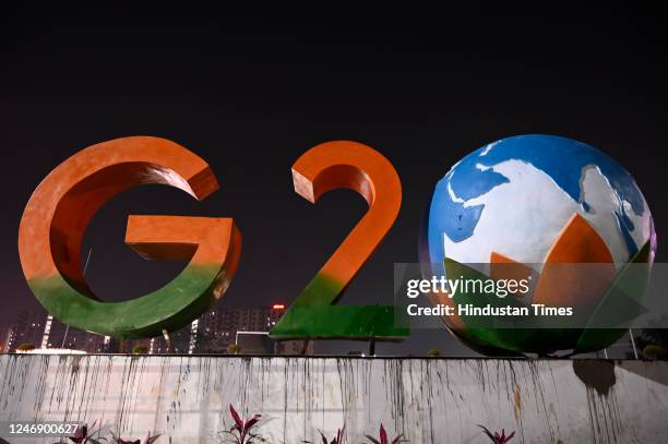 Huge logo of G20 placed at Awadh Vihar crossing late night preparation undergoing the G20 Summit on February 8, 2023 in Lucknow, India.