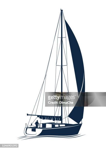 fishing sailboat silhouette on waves - cut out vector icon - sailing boat stock illustrations