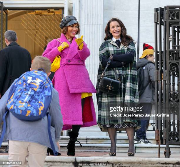 Nicole Ari Parker and Kristin Davis are seen on film set of the 'And Just Like That' TV Series on February 08, 2023 in New York City.