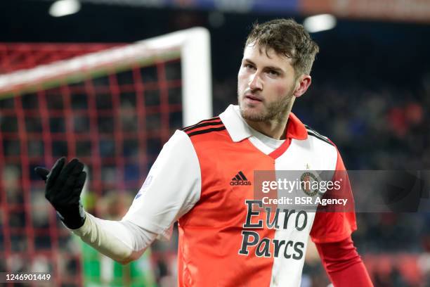 Santiago Gimenez of Feyenoord celebrates after scoring his sides third goal during the TOTO KNVB Cup - 1/8th final match between Feyenoord and N.E.C....