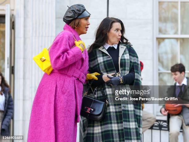 Nicole Ari Parker and Kristin Davis are seen on film set of the 'And Just Like That' TV Series on February 08, 2023 in New York City.