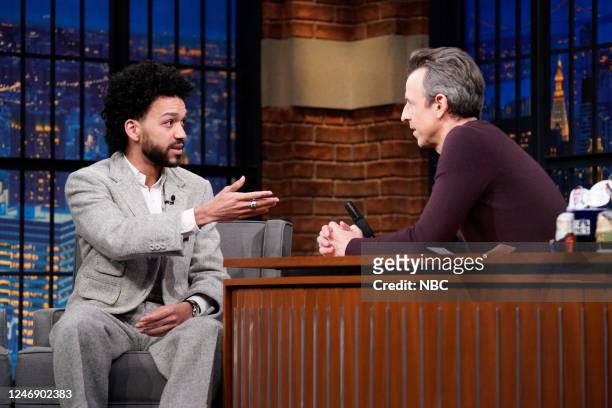 Episode 1391 -- Pictured: Actor Justice Smith during an interview with host Seth Meyers on February 8, 2023 --