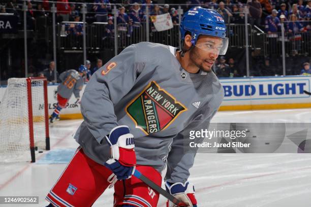 Andre Miller of the New York Rangers sports a special jersey for warmups to honor Black History Night against the Vancouver Canucks at Madison Square...
