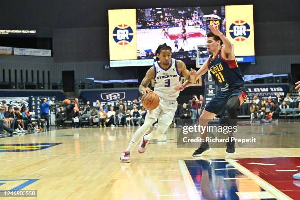 February 8: Trey Burke of the Stockton Kings drives to the basket against Grand Rapids Gold on February 8, 2023 at the Van Andel Arena in Grand...