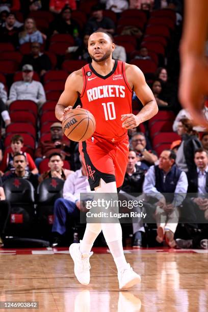 Eric Gordon of the Houston Rockets dribbles the ball during the game against the Sacramento Kings on February 8, 2023 at the Toyota Center in...