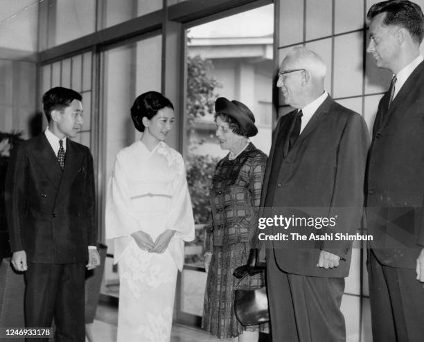 Chief Justice Earl Warren and his wife Nina meet Crown Prince Akihito and Crown Princess Michiko at the Togu Palace on September 5, 1967 in Tokyo,...