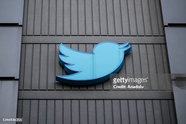 View of Twitter's logo at Twitter Headquarters in San Francisco, California, United States on February 8, 2023.