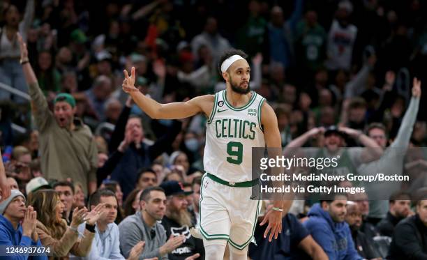 February 8: Derrick White of the Boston Celtics celebrates his 3-pointer during the second half of the NBA game against the Philadelphia 76ers at the...