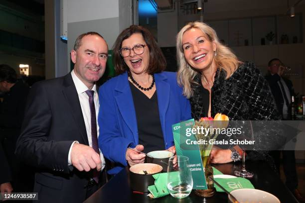 Hubert Aiwanger, Ilse Aigner and Saskia Greipl-Kostantinidis during the 100 years BayWa anniversary gala at Isarphilharmonie on February 8, 2023 in...