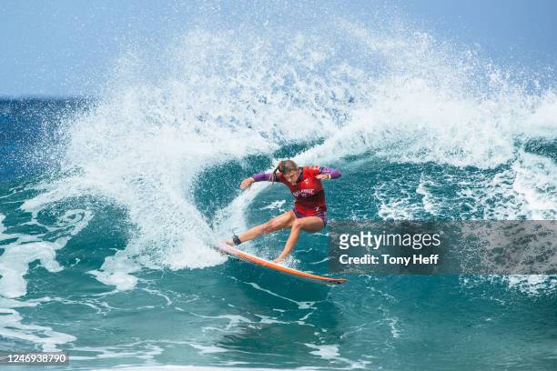 Lakey Peterson of the United States surfs in Heat 1 of the Semifinals at the Billabong Pro Pipeline on February 8, 2023 at Oahu, Hawaii.