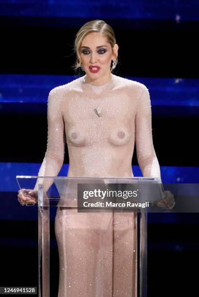 Italian fashion blogger, businesswoman and model, Chiara Ferragni, performs on stage at the Ariston theatre during the 73rd Sanremo Italian Song...