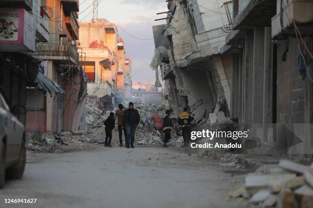 Search and rescue efforts continue after 7.7 and 7.6 magnitude Kahramanmaras earthquakes in Afrin district of Aleppo, Syria on February 08, 2023. As...