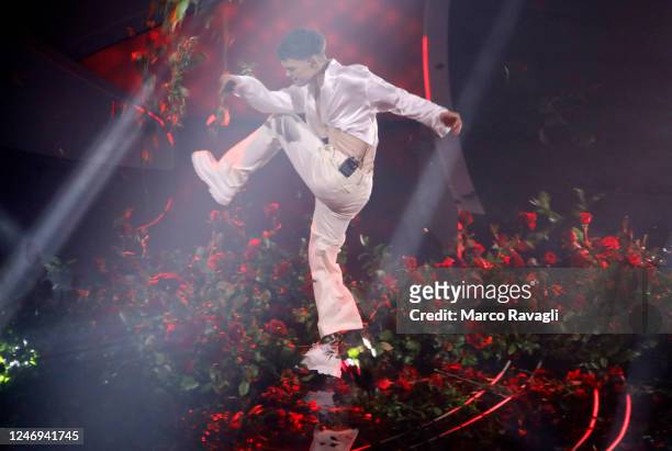 Italian singer Blanco performs on stage at the Ariston theatre during the 73rd Sanremo Italian Song Festival, on February 7, 2023.