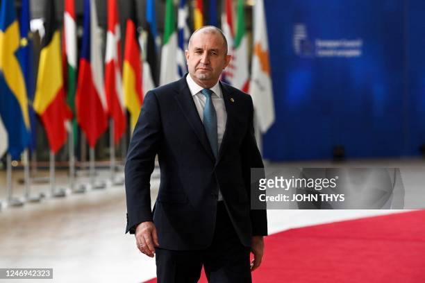 Bulgaria's president Rumen Radev arrives for a summit at EU parliament in Brussels, on February 9, 2023. - Ukraine's President is set to attend an EU...
