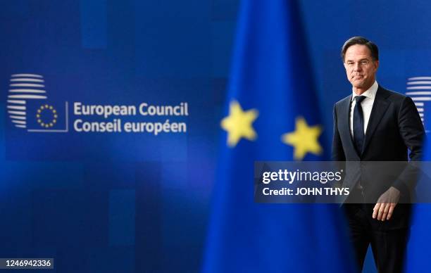 Netherlands' Prime Minister Mark Rutte arrives for a summit at EU parliament in Brussels, on February 9, 2023. Ukraine's President is set to attend...