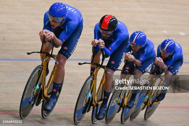 Italy's Jonathan Milan, Filippo Ganna, Francesco Lamon and Simone Consonni, compete in the men's team pursuit qualifying round during the UEC Track...