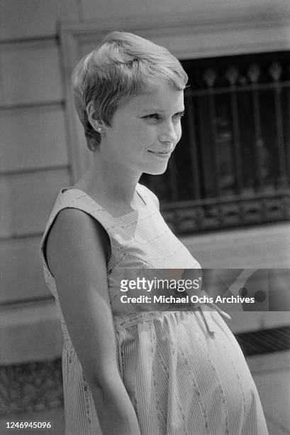 American actress Mia Farrow as the pregnant Rosemary Woodhouse on the set of the Roman Polanski film 'Rosemary's Baby' in New York City, 31st August...