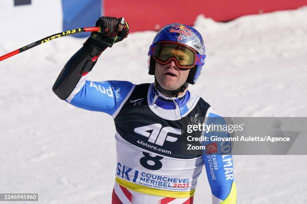 Alexis Pinturault of Team France celebrates during the FIS Alpine World Cup Championships Men's Super G on February 9, 2023 in Courchevel Meribel,...