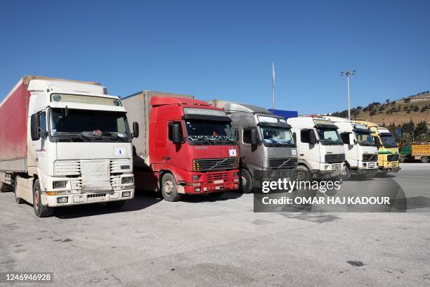 United Nations aid convoy that entered rebel-held northwestern Syria from Turkey through the Bab el-Hawa crossing, is pictured on February 9 the...