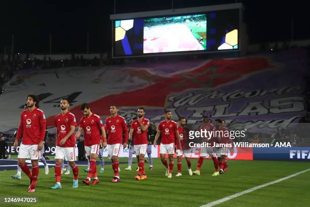 The players of Al Ahly and Real Madrid enter Prince Moulay Abdellah stadium during the FIFA Club World Cup Morocco 2022 Semi Final match between Al...