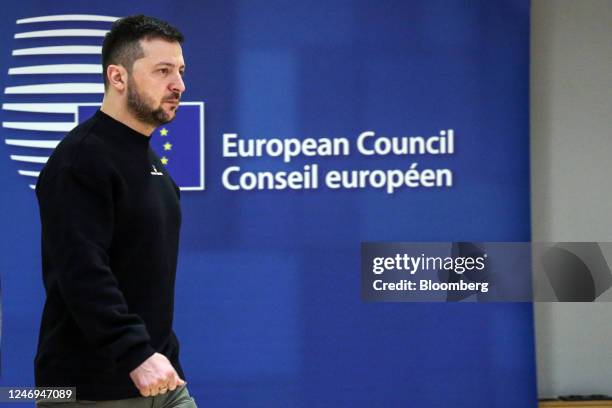 Volodymyr Zelenskiy, Ukraine's president, during an extraordinary European Union leaders summit at the European Council headquarters in Brussels,...