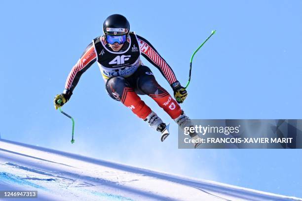 Canada's James Crawford competes during the Men's Super-G event of the FIS Alpine Ski World Championship 2023 in Courchevel, French Alps, on February...