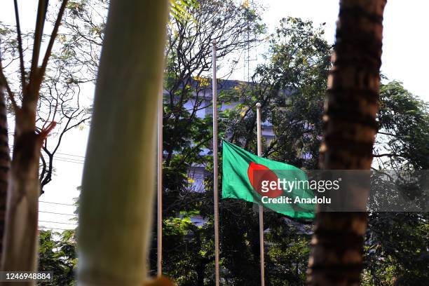 Flag of Bangladesh is seen at half-mast after Bangladesh announced day of mourning for earthquake victims of Turkiye and Syria on February 08, 2023...