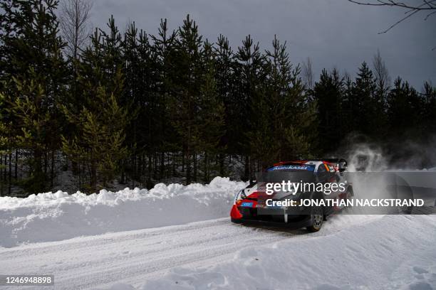 Takamoto Katsuta of Japan and his co-driver Aaron Johnston of Ireland steer their Toyota GR Yaris Rally 1 HYBRID during the shakedown of the Rally...