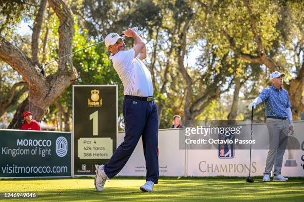 Jose Maria Olazabal of Spain plays his tee shot on the 1st hole during the first round of the Trophy Hassan II at Royal Golf Dar Es Salam on February...