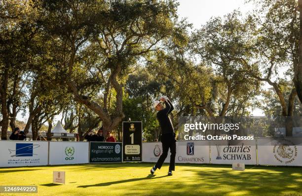 Jesper Parnevik of Sweden plays his tee shot on the 1st hole during the first round of the Trophy Hassan II at Royal Golf Dar Es Salam on February 9,...