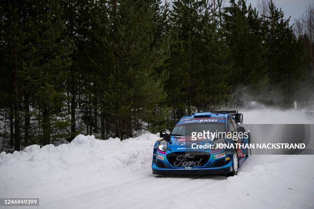 Ott Tanak of Estonia and his co-driver Martin Jarveoja of Estonia steer their Ford Puma Rally 1 HYBRID during the shakedown of the Rally Sweden,...