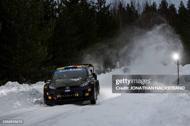 Lorenzo Bertelli of Italy and his co-driver Simone Scattolin of Italy steer their Toyota GR Yaris Rally 1 HYBRID during the shakedown of the Rally...