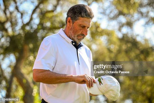 Jose Maria Olazabal of Spain reacts after plays his tee shot on the 1st hole during the first round of the Trophy Hassan II at Royal Golf Dar Es...