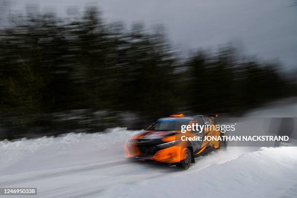 Georg Linnamae of Estonia and his co-driver James Morgan of Great Britain steer their Hyundai i20 Nduring the shakedown of the Rally Sweden, second...