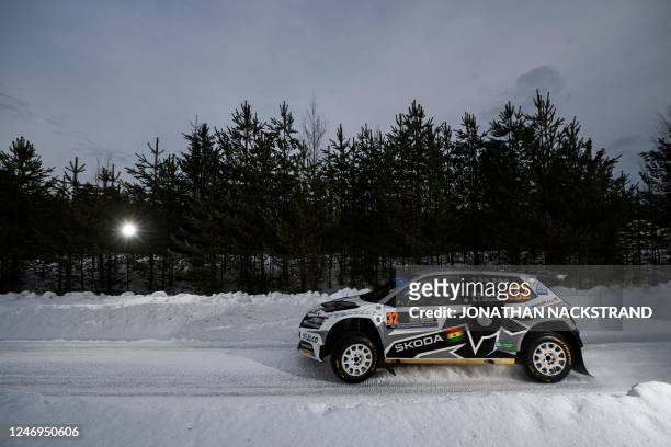 Bruno Bulacia of Bolivia and his co-driver Axel Coronado of Spain steer their Skoda Fabia EVO during the shakedown of the Rally Sweden, second round...