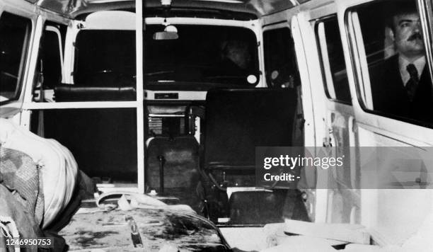 The delivery van used for the transportation of the Petain's coffin and showed by the chief of the comando Hubert Massol on February 21, 1973 at...