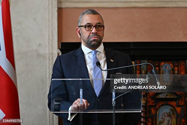 British Foreign Secretary, Commonwealth and Development Affairs of the United Kingdom James Cleverly attends during a press conference at the end of...