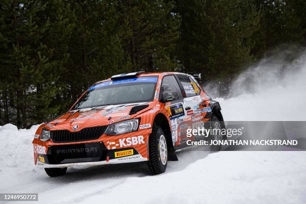 Jari Huttunen of Finland and his co-driver Antti Linnaketo of Finland steer their Skoda Fabia during the shakedown of the Rally Sweden, second round...