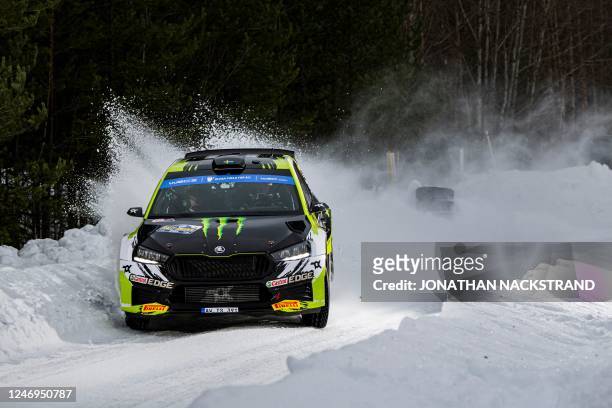 Oliver Solberg of Sweden and his co-driver Elliott Edmondson of Great Britain steer their Skoda Fabia RS during the shakedown of the Rally Sweden,...