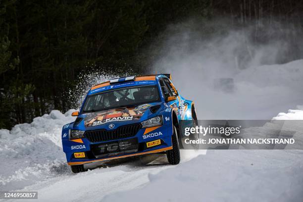 Lauri Joona of Finland and his co-driver Tuukka Shemeikka of Finland steer their Skoda Fabia Evo during the shakedown of the Rally Sweden, second...