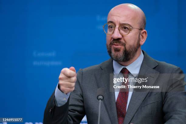 President of the European Council Charles Michel talks to media at the end of a Visit by the Ukrainian President to the EU on February 9, 2023 in...