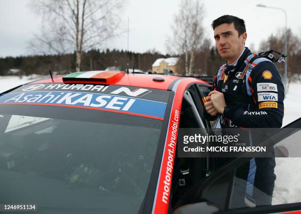Craig Breen of Ireland stands by his Hyundai i20 N Rally1 HYBRID during the shakedown of the Rally Sweden, second round of the FIA World Rally...
