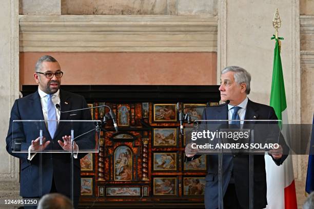 British Foreign Secretary, Commonwealth and Development Affairs of the United Kingdom James Cleverly speak next to Italian Deputy Prime Minister and...