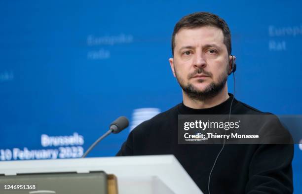 President of Ukraine Volodymyr Zelenskyy talks to media during a press conference following the European Union leaders summit at the European Council...