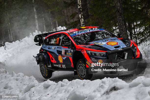 Thierry Neuville of Belgium and Martijn Wydaeghe of Belgium compete in their Hyundai Shell Mobis WRT Hyundai i20 N Rally1 Hybrid during Day One of...