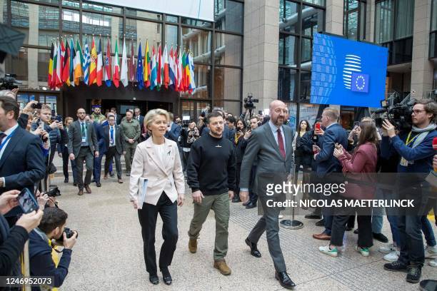 President of the European Council Charles Michel European Commission President Ursula von der Leyen and Ukrainian president Volodymyr Zelensky leave...